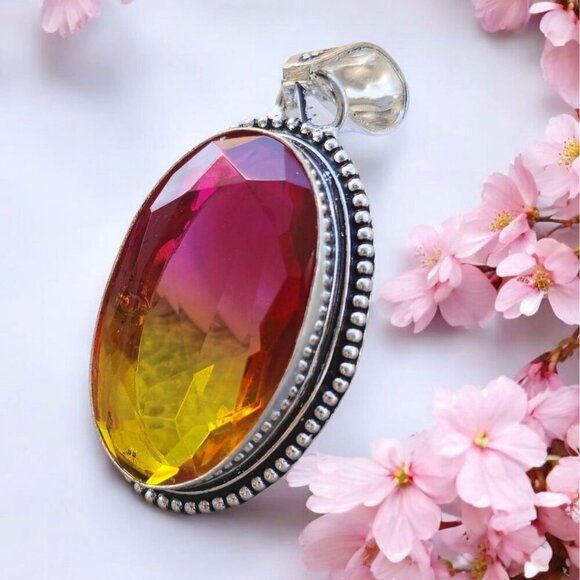 Bi-Color Tourmaline ✦ Sterling Silver Pendant ✦ Victorian Oval Pink & Yellow NWT - Picture 9 of 15